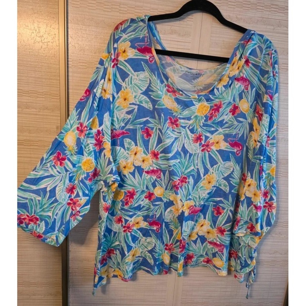 Casey Key Womens 3X Tropical Pineapple Flamingo Rhinestone 3/4 Sleeve Summer Top